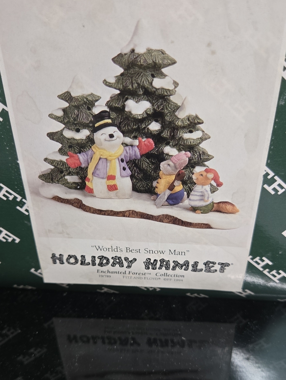 Fitz and Floyd Porcelain Holiday Mantlet Snowman, Green Trees Multicolor Accents